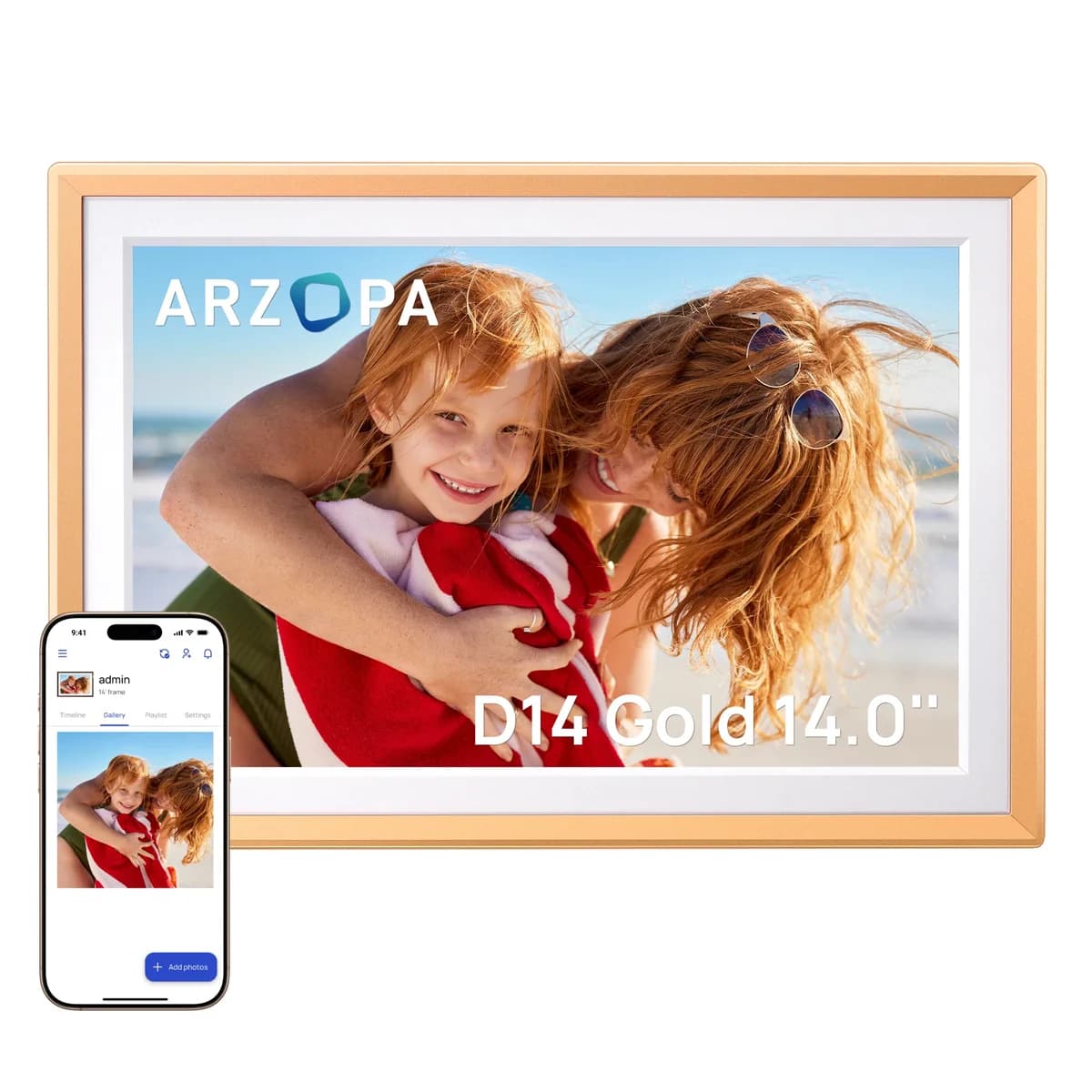 Arzopa D14 14" Digital Photo Frame Champagne Gold | Touch Screen WiFi
