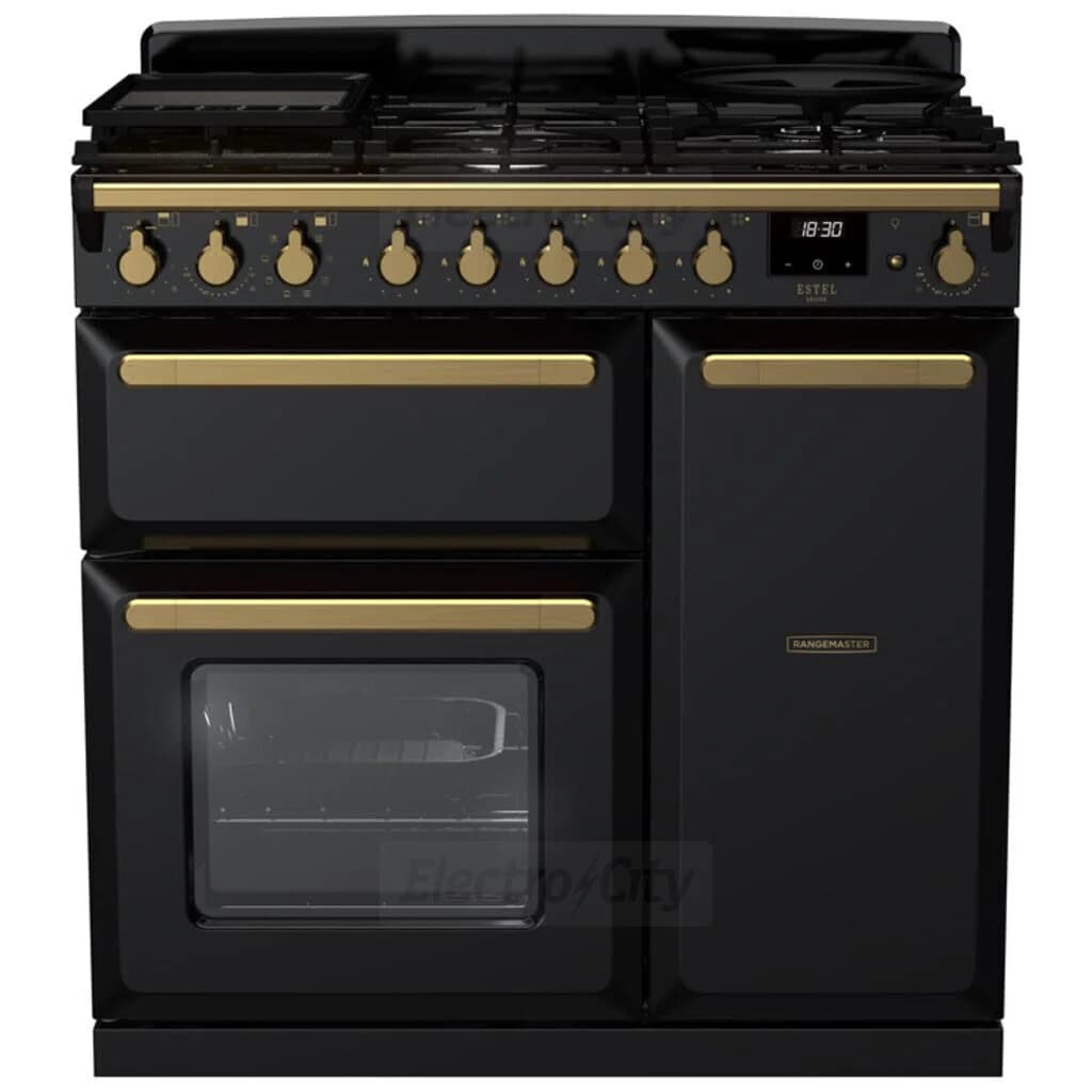 Rangemaster Estel Deluxe 90cm Dual Fuel Range Cooker | Black with Brass Trim