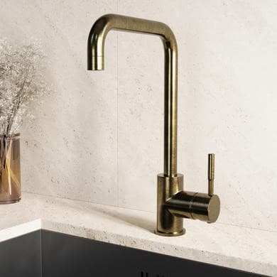 Single Lever Antique Brass Monobloc Square Spout Kitchen Mixer Tap - Enza Elwood