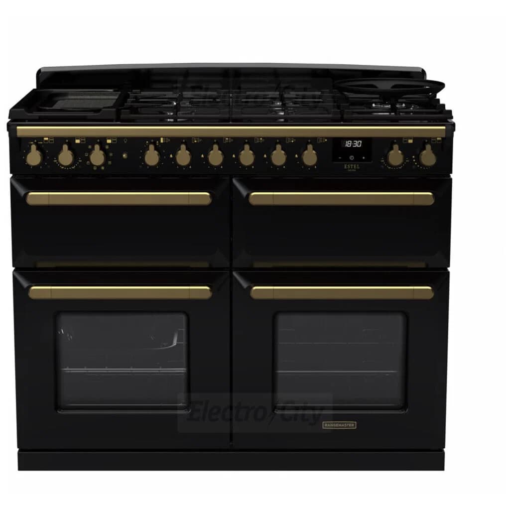 Rangemaster Estel Deluxe 110cm Dual Fuel Range Cooker with Slow Cook Oven | Black with Brass Trim