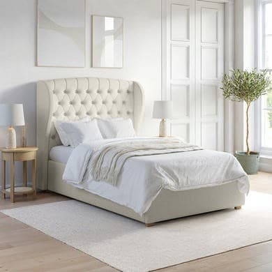 Cream Woven - End-Lift Ottoman Storage Bed with Winged Headboard - Safina