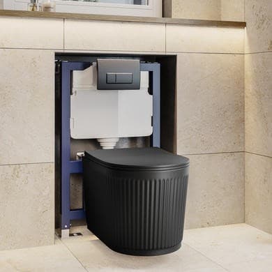 Matt Black Fluted Wall Hung Rimless Toilet with Soft Close Seat, Gunmetal Pneumatic Flush Plate, 820mm Frame & Cistern – Oregon