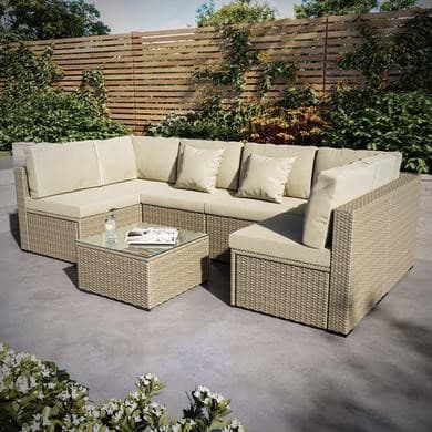 6 Seater Beige U Shaped Rattan Garden Sofa Set with Matching Coffee Table