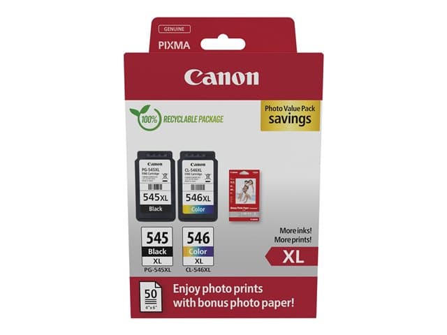 CANON - PG-545 XL/CL-546XL Photo Value Pack - 2-pack - High Yield - black, colour (cyan, magenta, yellow) - original - glossy - 50 sheet(s) - 100 x 150 mm - ink cartridge / paper kit