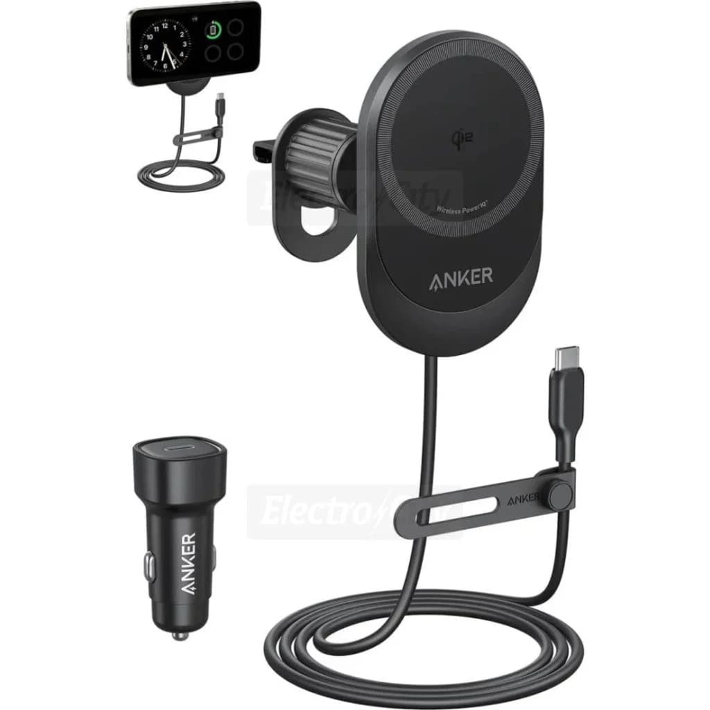 Anker MagGo 15W Wireless Car Charger Pad with Built-In USB-C Cable | Black