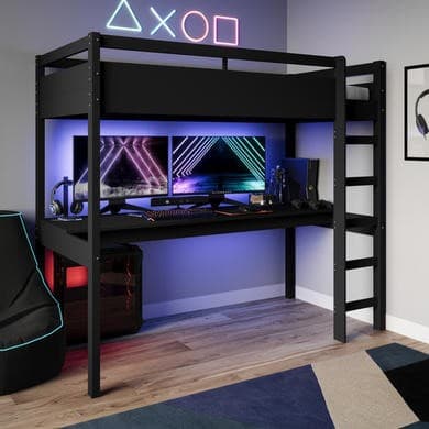 High Sleeper Loft Gaming Bed with Desk in Black - Wyatt