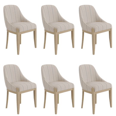 Set of 6 Beige and Blue Striped Upholstered Dining Chairs with Solid Wood Legs - Madeline