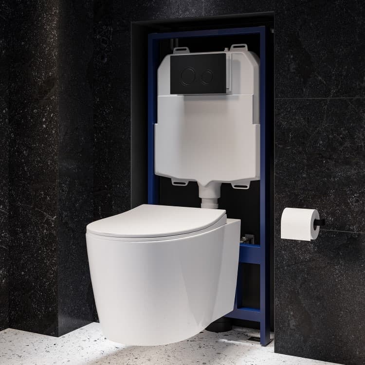 Wall Hung Rimless Toilet with Soft Close Seat, Black Mechnical Flush Plate, 1168mm Frame & Cistern – Alcor