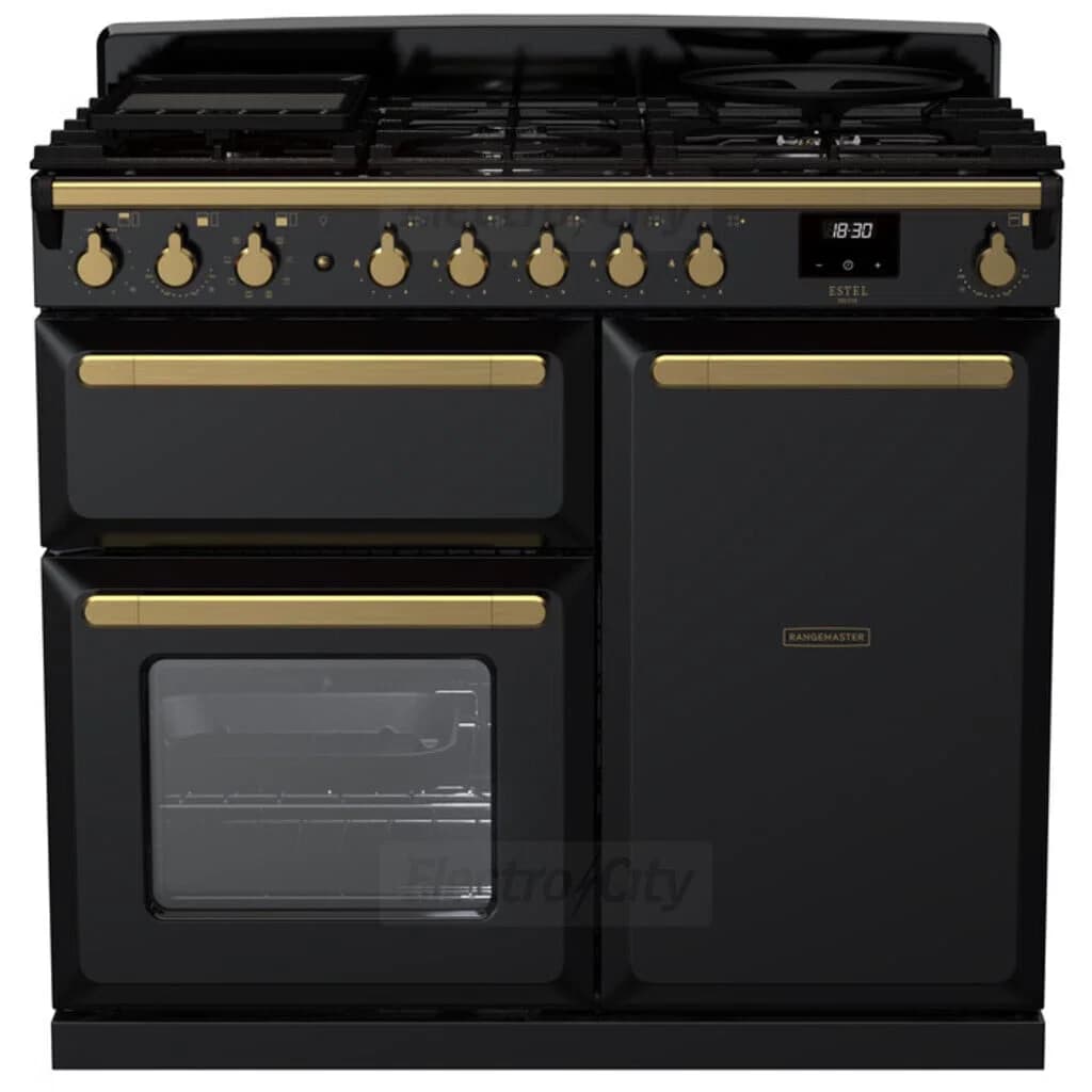 Rangemaster Estel Deluxe 100cm Dual Fuel Range Cooker | Black with Brass Trim