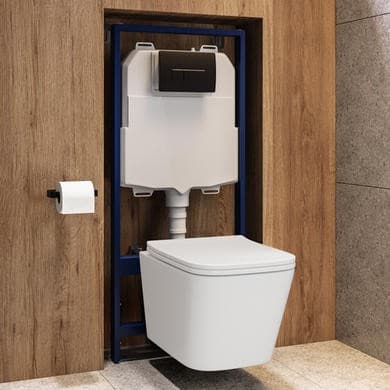 Wall Hung Toilet with Soft Close Seat, Pneumatic Black Flush Plate, 1168mm Frame & Cistern - Albi