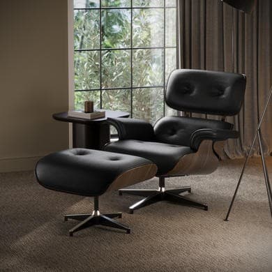 Black Real Leather and Walnut Lounge Chair with Ottoman - Joseph