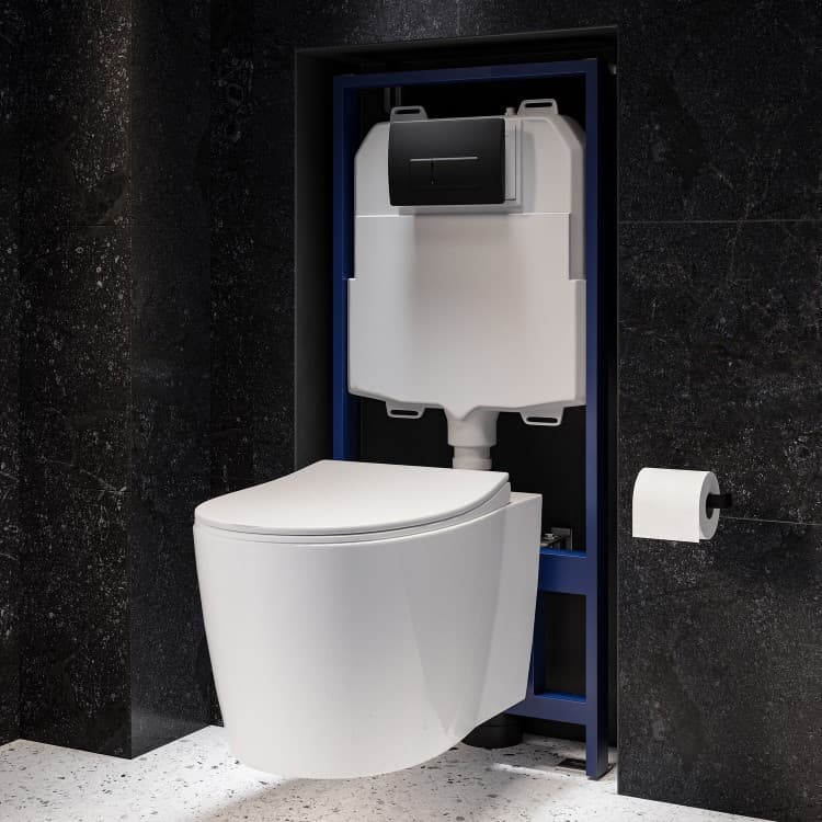 Wall Hung Rimless Toilet with Soft Close Seat, Matt Black Pneumatic Flush Plate, 1168mm Frame & Cistern – Alcor
