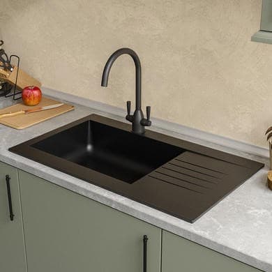 ONLY OPENED - Single Bowl Black Composite Kitchen Sink with Reversible Drainer - Essence Amelia