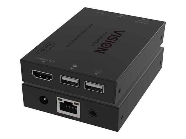 VISION - HDMI and USB over IP Receiver - receiver only, transmitter needs to be purchased separately - transmits HDMI one to one or one to many - transmits USB 1.1 - plug and play - IR pass though - if just one receiver you can connect directly and bypass network
