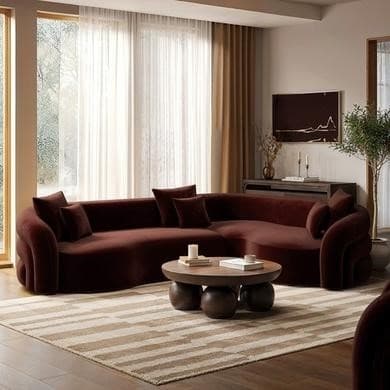 Deep Red Velvet Right Hand Facing 4 Seater Curved Corner Sofa - Zuri
