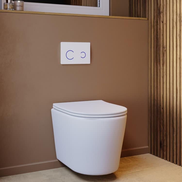 Matt White Wall Hung Rimless Toilet with Soft Close Seat, White Glass Sensor Flush Plate, 820mm Frame & Cistern – Verona