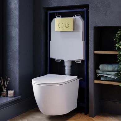 Wall Hung Rimless Toilet with Soft Close Seat, Brushed Brass Mechanical Flush Plate, 1168mm Frame & Cistern – Roma