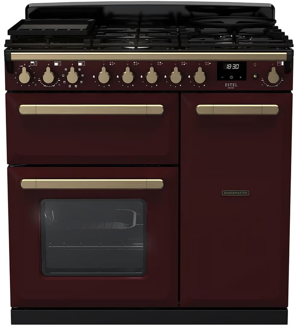 Rangemaster Estel Deluxe 90cm Dual Fuel Range Cooker | Bordeaux with Brass Trim