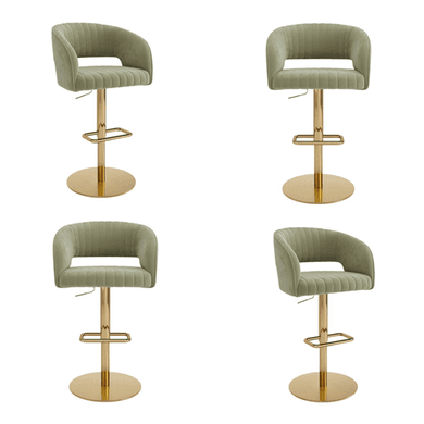 Set of 4 Curved Sage Green Velvet Adjustable Swivel Bar Stools with Gold Metal Base - Runa