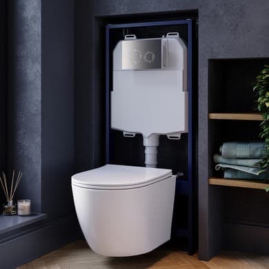 Wall Hung Rimless Toilet with Soft Close Seat, Chrome Mechanical Flush Plate, 1168mm Frame & Cistern – Roma