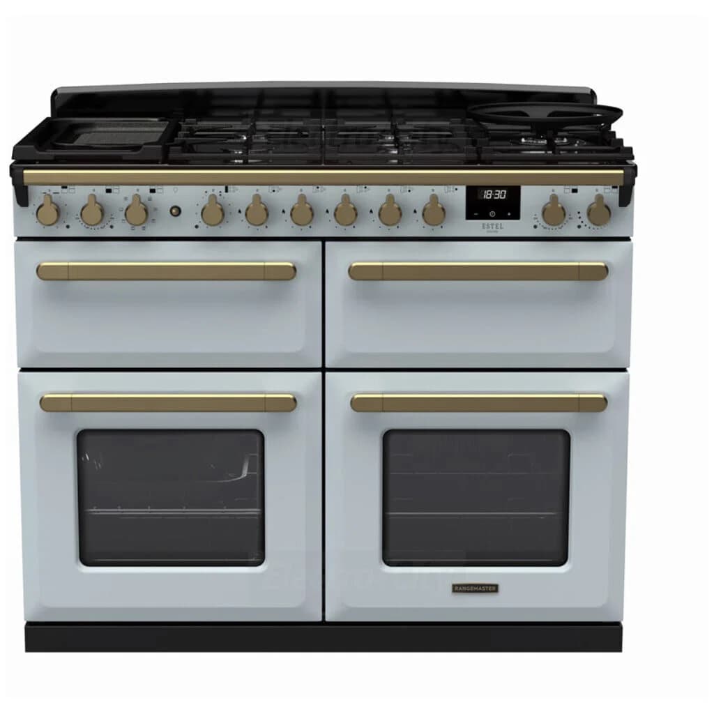 Rangemaster Estel Deluxe 110cm Dual Fuel Range Cooker with Slow Cook Oven | Misty Blue with Brass Trim