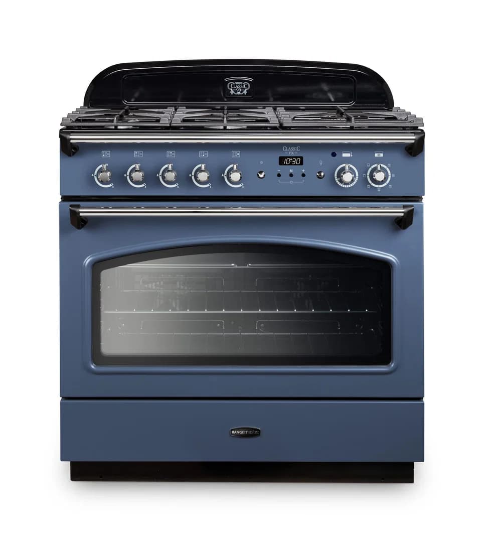 Rangemaster Classic FX 90 Dual Fuel 90cm Range Cooker | Stone Blue with Chrome Trim