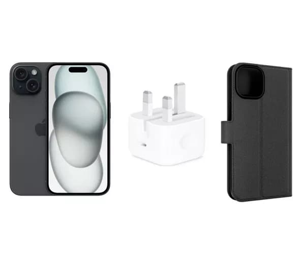 APPLE iPhone 15 (128 GB), Folio Case & 20 W USB Type-C Power Adapter Bundle - Black