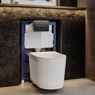 Fluted Wall Hung Rimless Toilet with Soft Close Seat, Gunmetal Pneumatic Flush Plate, 820mm Frame & Cistern – Oregon