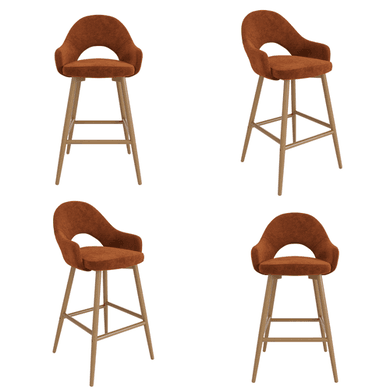 Set of 4 Oak and Burnt Orange Upholstered Kitchen Stools with Back - Colbie