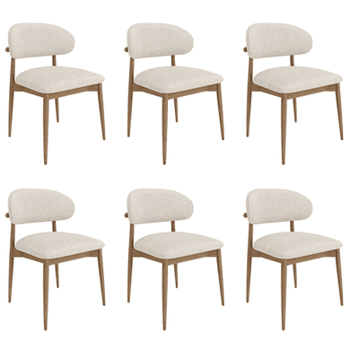 Set of 6 Beige Upholstered Curved Dining Chairs With Solid Wood Exposed Back - Kori