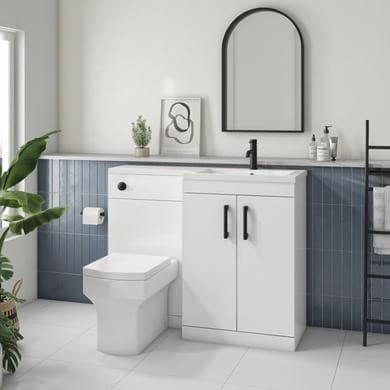 1100mm White Toilet and Sink Unit Right Hand with Square Toilet and Black Fittings - Ashford