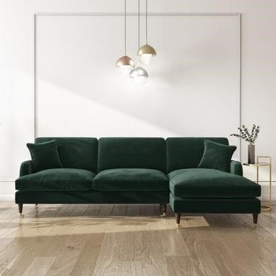 Dark Green Velvet Right Hand Facing 4 Seater Chaise Corner Sofa - Payton