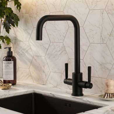 Matt Black Dual Lever Square Monobloc Kitchen Mixer Tap - Enza Elwood