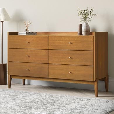 Wide Wooden Mid-Century 6 Drawer Chest of Drawers - Rumi