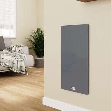 600W Smart Infrared Vertical Anthracite Glass Designer Wall Heater 550x1100mm with Optional Towel Rail - IP24 Bathroom Safe