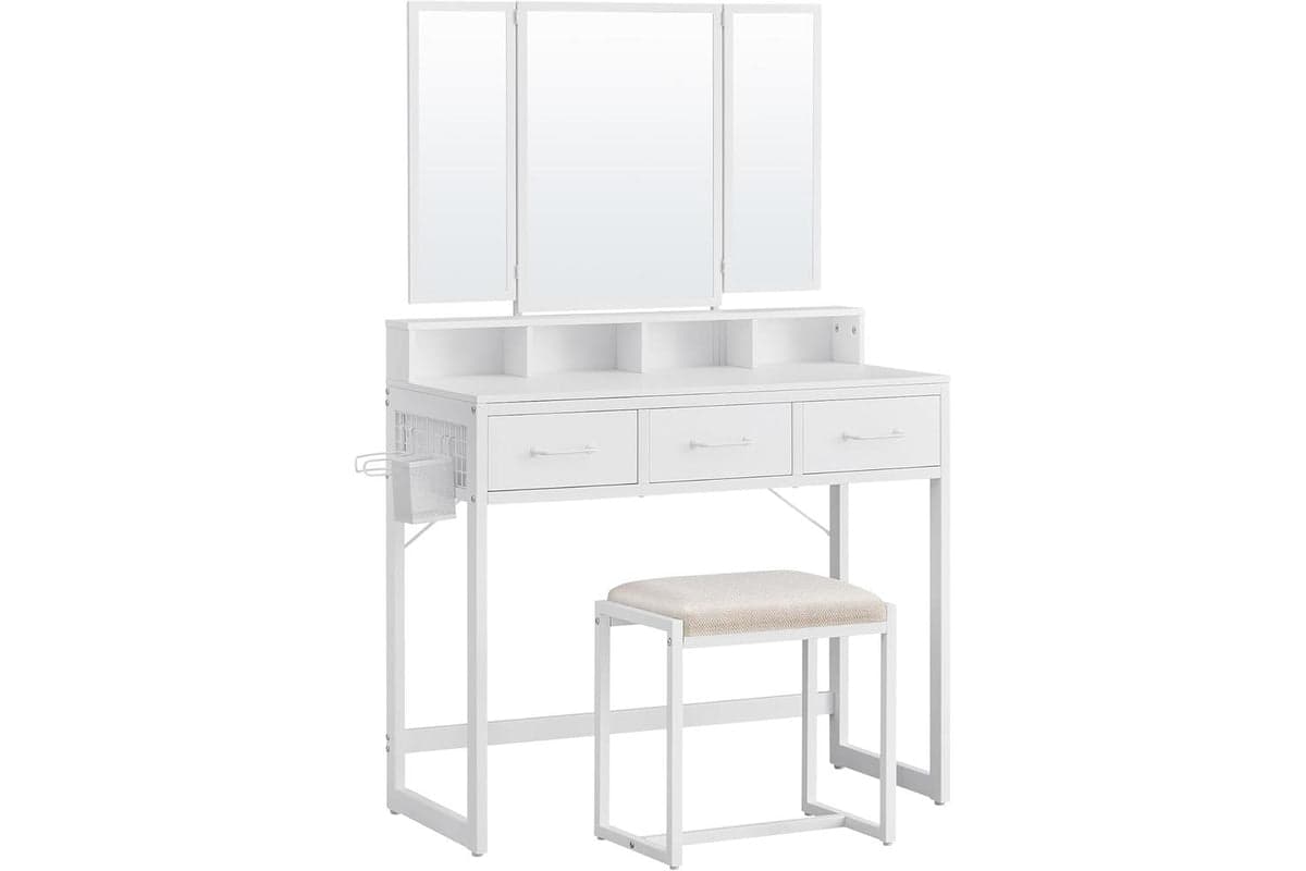 Vasagle Dressing Table with Padded Stool & Triple Mirror | White