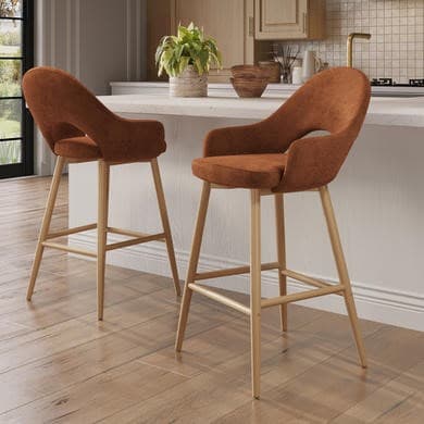 Set of 2 Oak and Burnt Orange Upholstered Kitchen Stools with Back - Colbie