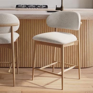 Beige and Oak - Upholstered Curved Kitchen Counter Stools with Wooden Exposed Back - Kori