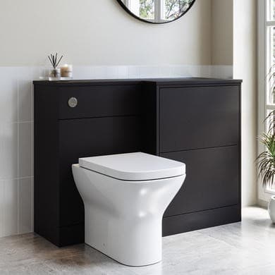 1100mm Black Right Hand Toilet and Sink Unit with Round Toilet and Chrome Push Button - Palma