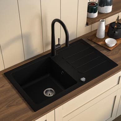 Single Bowl Black Inset Granite Composite Kitchen Sink with Reversible Drainer - Enza Laurie