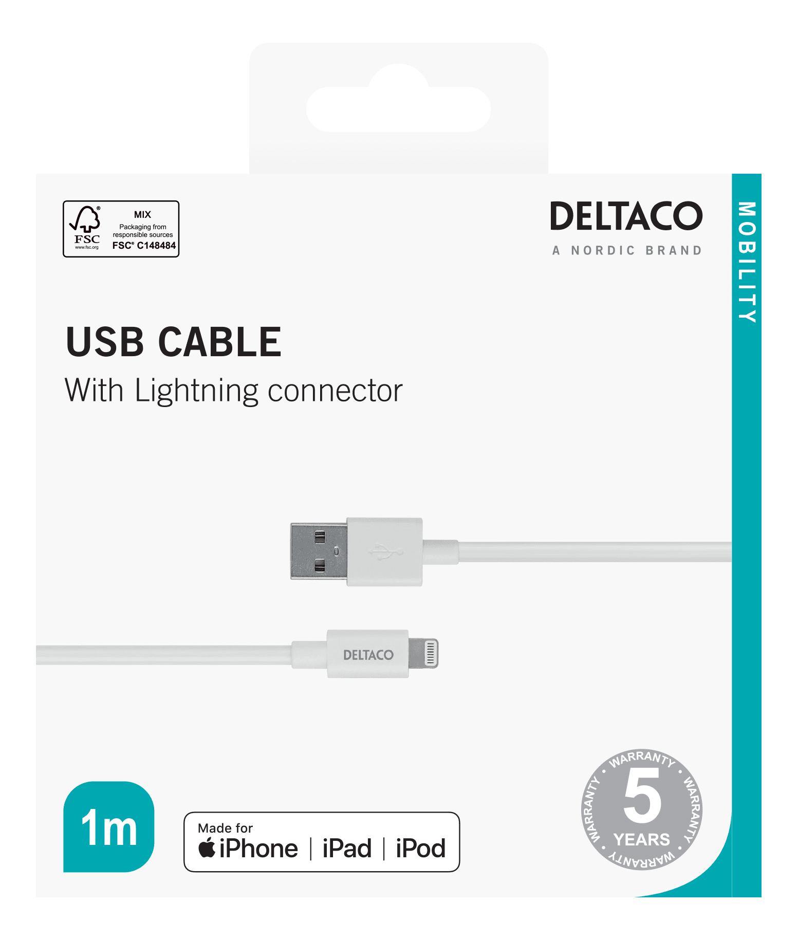 Deltaco 1M USB Cable With Lightning Connector - White | IPLH401