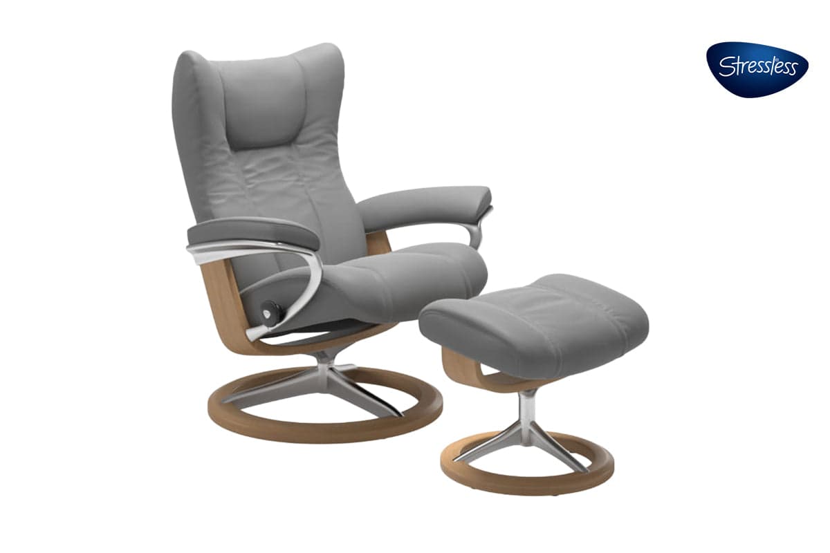 Stressless Wing Recliner Signature Base with Footstool | Leather | Dove