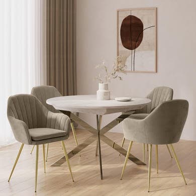 Round to Oval White Marble Effect Extendable Dining Table Set with 4 Mink Velvet Chairs - Seats 4 - Reine