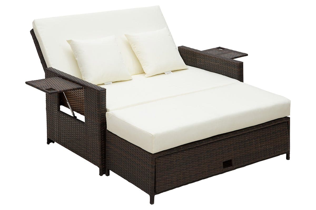 Outsunny 2-Seater Rattan Day Bed with Drink Trays | Brown