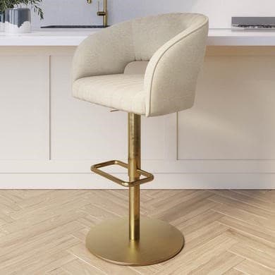 Beige Fabric and Gold - Curved Back Adjustable Swivel Bar Stools with Gold Base  - Runa