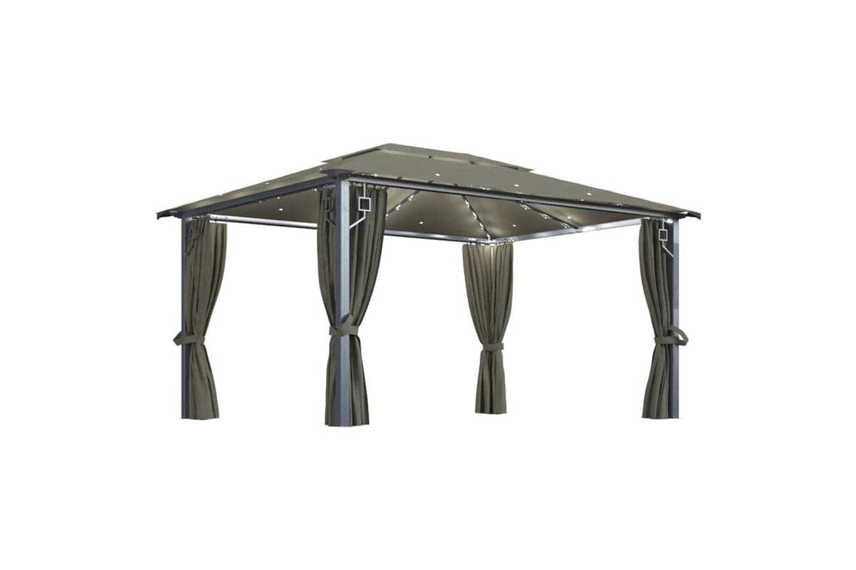 Vidaxl 3070337 Gazebo With Curtain&led String Lights 4x3 M Taupe Aluminium