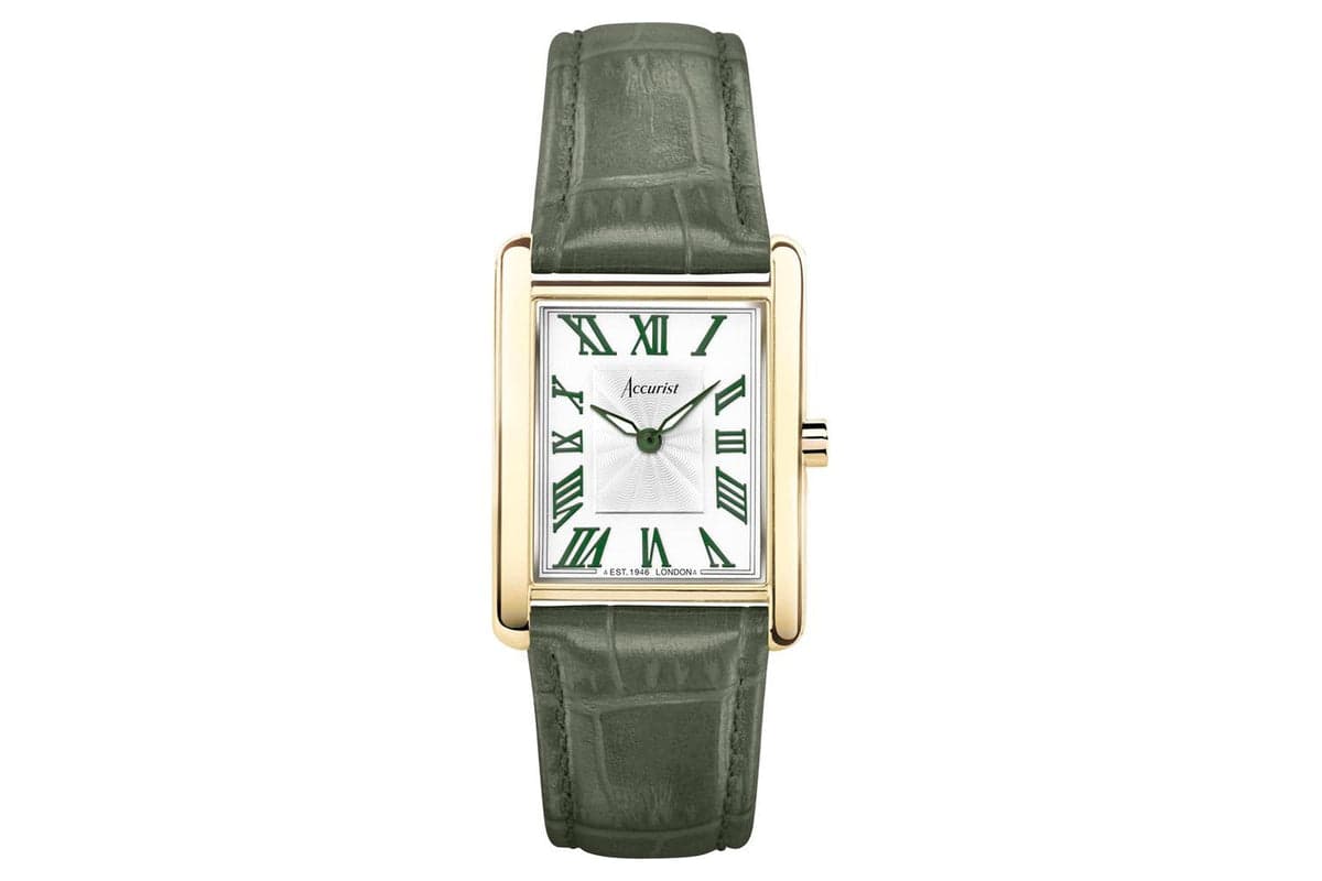 Accurist Rectangle Ladies Watch | Gold Case & Green Leather Strap With White Dial | 26mm