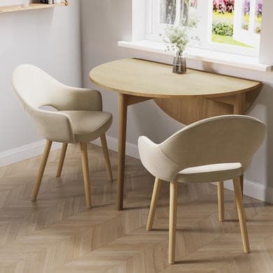 Small Oak Drop Leaf Dining Table Set with 2 Beige Upholstered Chairs - Seats 2 - Rudy