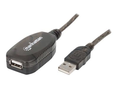 MANHATTAN - USB-A to USB-A Extension Cable, 20m, Male to Female, Active, 480 Mbps (USB 2.0), Daisy-Chainable, Built In Repeater, Hi-Speed USB, Black, Three Year Warranty, Boxed - USB extension cable - 20 m