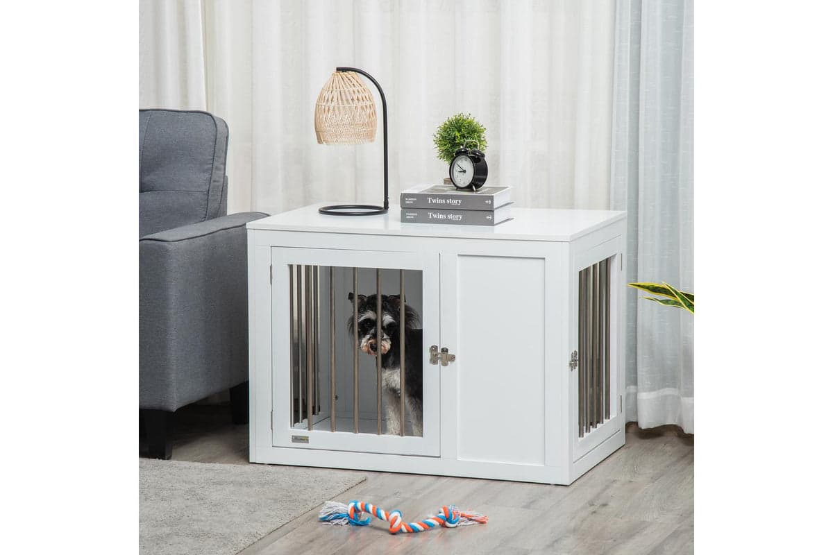 PawHut D02-082WT Two-In-One Dog Cage for Medium Dogs | White